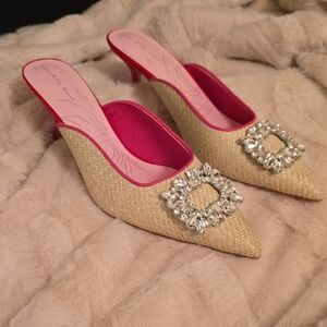 Never Fully Dressed Rafia Buckle and Pink Mules with Crystal Accents